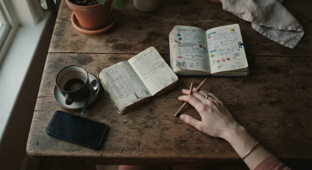 caderno com anotações diárias sobre a mesa, representando os sinais do modo sobrevivência na rotina de uma mãe