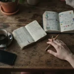 caderno com anotações diárias sobre a mesa, representando os sinais do modo sobrevivência na rotina de uma mãe