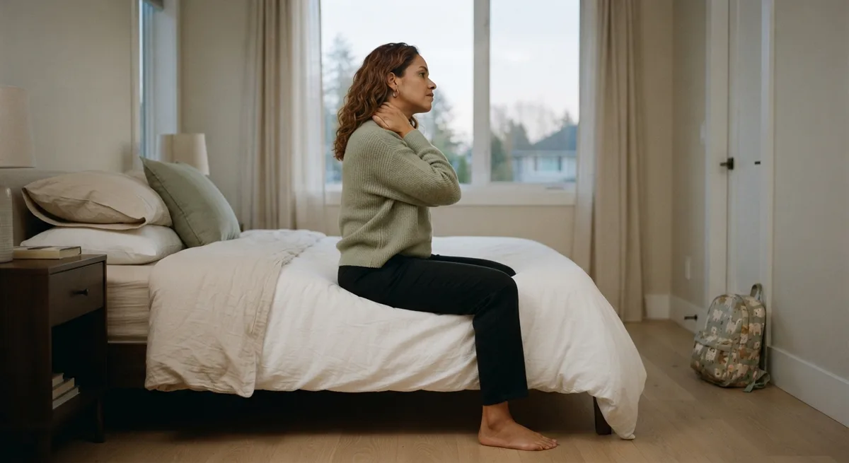 mulher sentada na cama de manhã com tensão nos ombros, um dos sinais do modo sobrevivência