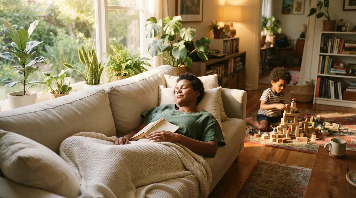 mãe descansando no sofá enquanto o filho brinca, teste para diferenciar cansaço de modo sobrevivência